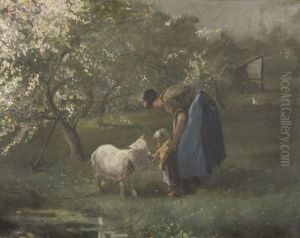 Mother And Child Feeding A Lamb Mother And Child Feeding A Lamb