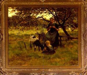 Pastoral Scene With Mother, Child And Goat by Willy Martens