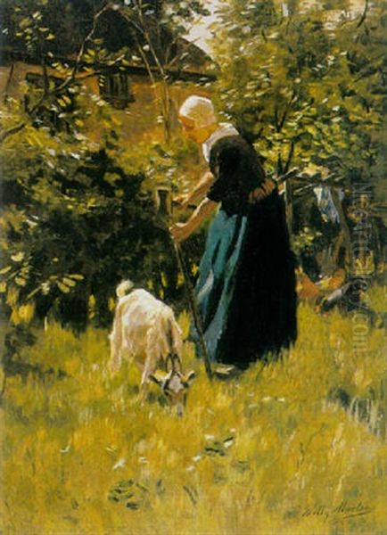 A Peasant Woman With A Goat In A Sunlit Yard - view 1