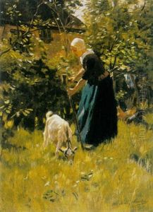 A Peasant Woman With A Goat In A Sunlit Yard by Willy Martens