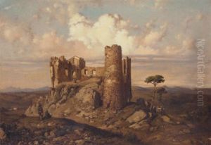Figures Among Ruins With An Extensive Mountainous Landscape Beyond by Ramon Marti Alsina