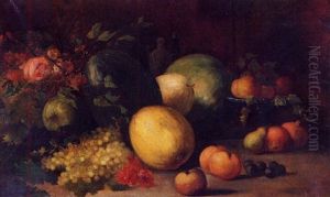 Bodegon Con Frutas Y Cesta De Flores