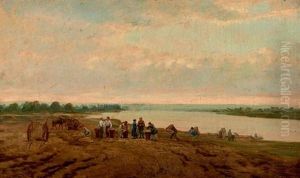 Fagotteurs Dans Un Paysage Fluvial by Adolphe M. Potement Martial