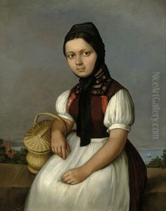 Madchen In Tracht Und Geflochtenem Korb Vor Bodenseepanorama