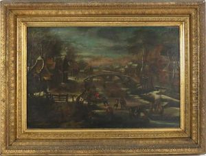 Winter Village View, Skaters On River by Andreas Martin