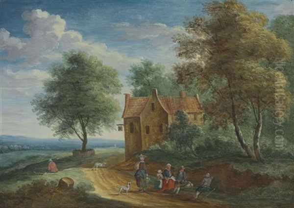 Two Travellers Resting Near A River (+ Peasants Sitting By A Roadside With A Cottage Beyond; Pair) - view 1