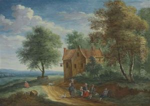 Two Travellers Resting Near A River (+ Peasants Sitting By A Roadside With A Cottage Beyond; Pair) by Andreas Martin
