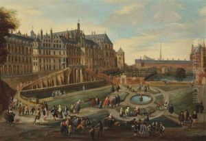 A View Of The Royal Court At Brussels With Figures Conversing In The Palace Garden by Andreas Martin