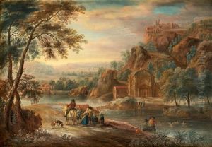 Italiserande Landskap Med Figurer Och Byggnader by Andreas Martin