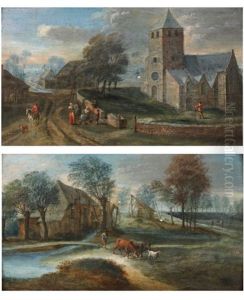 Personnages Devant Une Eglise (+ Le Vacher; Pair) by Andreas Martin
