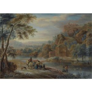 A Mountainous River Landscape With Figures Conversing On A Path, Near A Classical Building by Andreas Martin