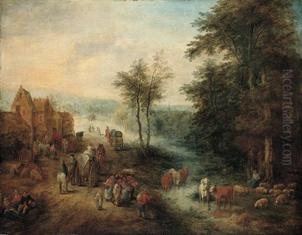 A Village Scene With Waggoners On A Road And Boors Watering Their Cattle In A River - view 1