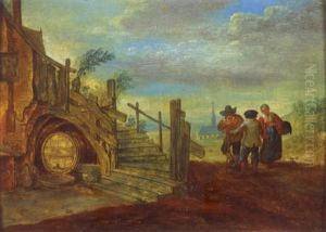 Trois Paysans Pres De L'escalier D'une Chaumiere