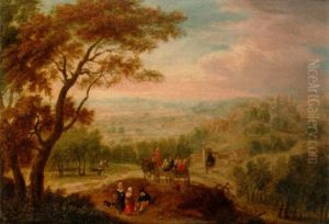 An Extensive Wooded Landscape With Travellers In The Foreground, A Castle On A Hill Beyond by Andreas Martin