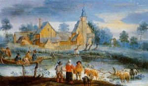 A River Landscape With Fishermen And Farmers In Front Of A Village