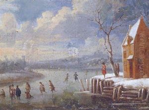 A Winter Landscape With Figures Skating On A Frozen River