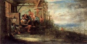 Frohliche Gesellschaft Von Bauern In Der Pergola Einer Dorfschenke