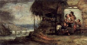 Bauernfamilie Vor Einer Hutte An Einem Flus