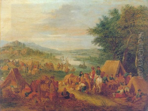 A Wooded River Landscape With Numerous Figures And Their Livestock In An Encampment - view 1
