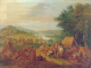 A Wooded River Landscape With Numerous Figures And Their Livestock In An Encampment
