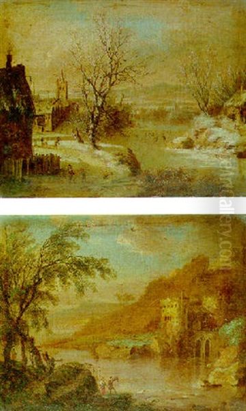 A Village In Winter With Skaters - view 1