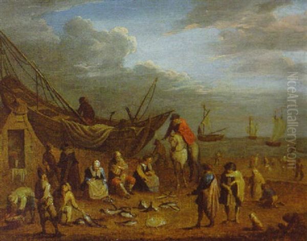 Fisherfolk With Their Catch On A Beach - view 1