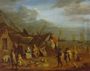 Fisherfolk With Their Catch On A Beach by Andreas Martin