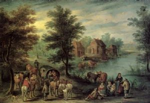 A Wooded Landscape With A Man Driving Cattle, A Horse-drawn Cart And Travellers Resting Near A River by Andreas Martin