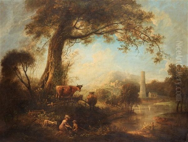 River Landscape With Fishermen Near A Tree - view 1