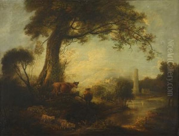 Sheep And Cows Under A Great Tree At The Edge Of A Stream - view 1