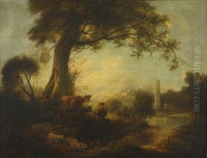 Sheep And Cows Under A Great Tree At The Edge Of A Stream