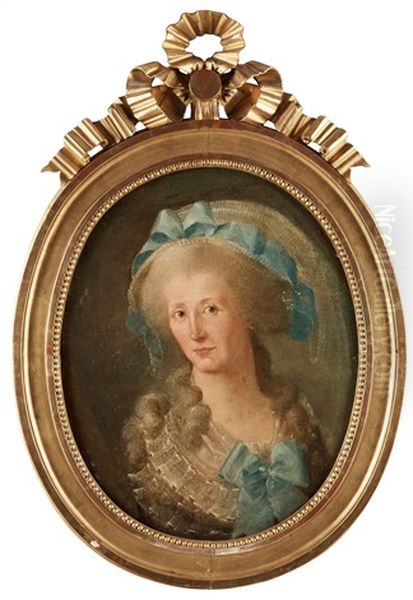 Damportratt, Brostbild Av Dam Gra Klanning Med Blaa Band, Mojligen Forestallande Henriette Hertz - view 1