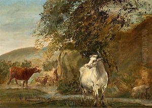 Ett Landskap Med Boskap;en Hvit Ko by Elias Martin