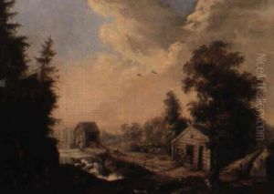 Landskap Med Fors, Kvarn Och Figurer by Elias Martin