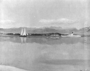 Genfersee Mit Ausflugsdampfer Unter Leicht Bewolktem Himmel by Eugene Louis Martin