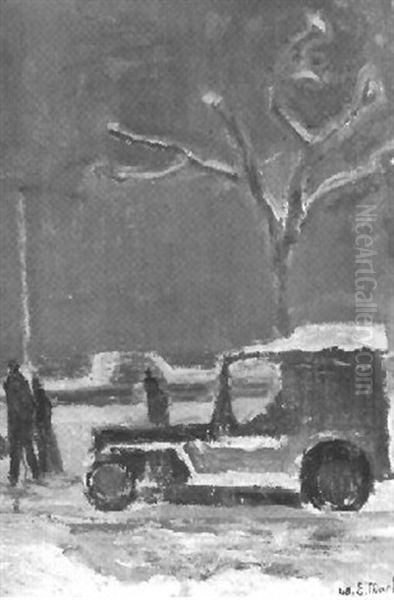Winterliche Strassenszene Mit Auto Und Passanten - view 1
