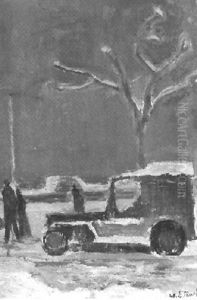 Winterliche Strassenszene Mit Auto Und Passanten by Eugene Louis Martin