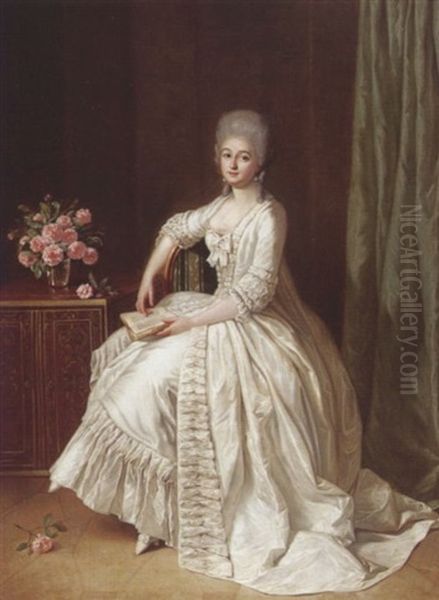 Portrait Of A Lady Seated Beside A Cabinet With A Vase Of Roses On Top, Holding A Book - view 1
