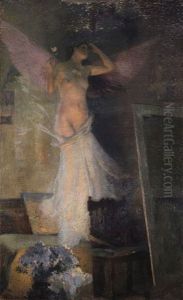 Portrait Of A Lady Seated Beside A Cabinet With A Vase Of Roses On Top, Holding A Book