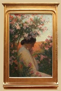 Portrait Of A Lady Seated Beside A Cabinet With A Vase Of Roses On Top, Holding A Book