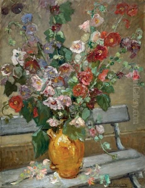 Bouquet De Roses Tremieres Sur Un Banc - view 1