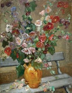 Bouquet De Roses Tremieres Sur Un Banc