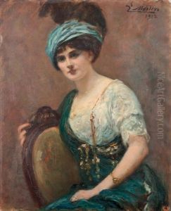 Portrait De Femme A La Robe Et Au Ruban Bleu