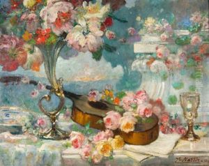 Nature Morte A La Guitare Et Aux Fleurs