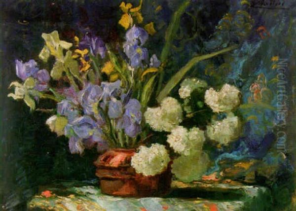 Pivoines Blanches Et Iris Bleus - view 1
