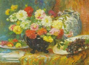 Coupe De Dahlias, Assiette De Fruits Et Vase Chinois Sur L'entablement