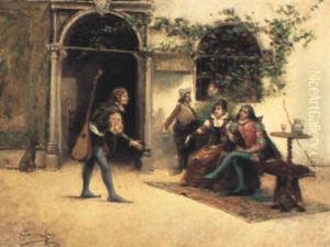 Figures In A Courtyard by Juan Martinez Martin