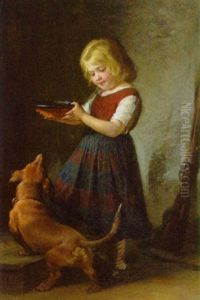 Kleines Madchen, Das Den Dackel Futtert
