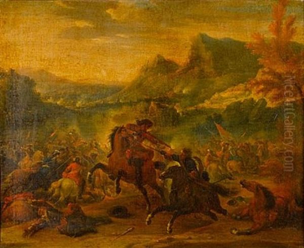 A Cavalry Battle In An Extensive Landscape (+ A Wounded Soldier Being Treated Beneath A Tree; Pair) - view 1