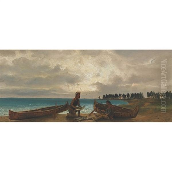 Indians Cleaning Fish On The Shore - view 1